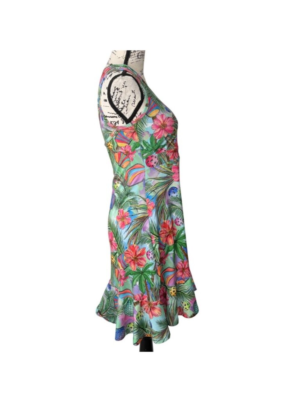 Dona Jo Womens Size S Dress Tropical Pickleball Print Sleeveless Ruffle Hemline - Picture 2 of 7